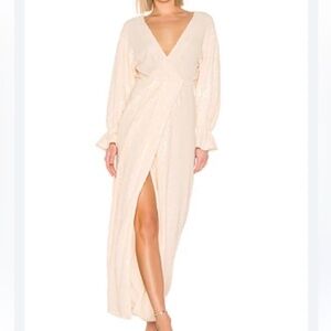 LPA Cream Sequin Wrap Maxi Dress Small Formal Gala Prom Bridal Front Slit Small